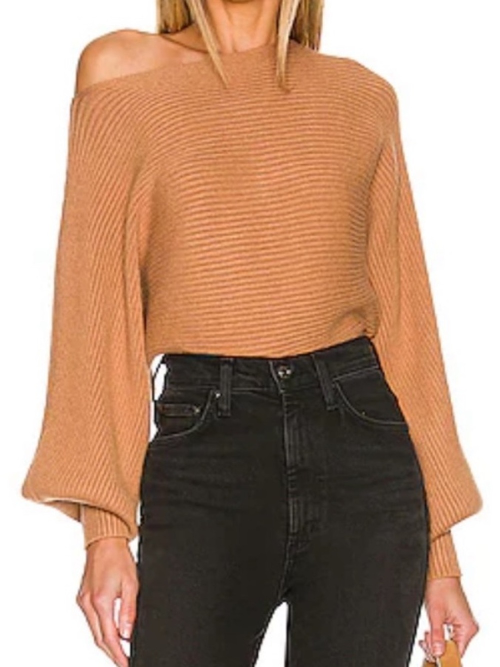 Lovers + Friends Off Shoulder Ribbed Sweater Tan Cozy Knit Medium